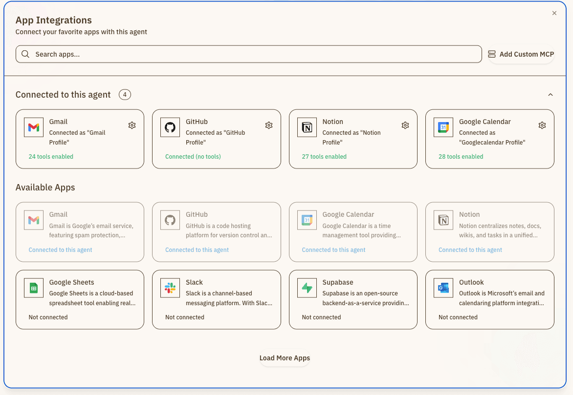 App Integrations showing connected services: Gmail, GitHub, Notion, and Google Calendar with tool counts