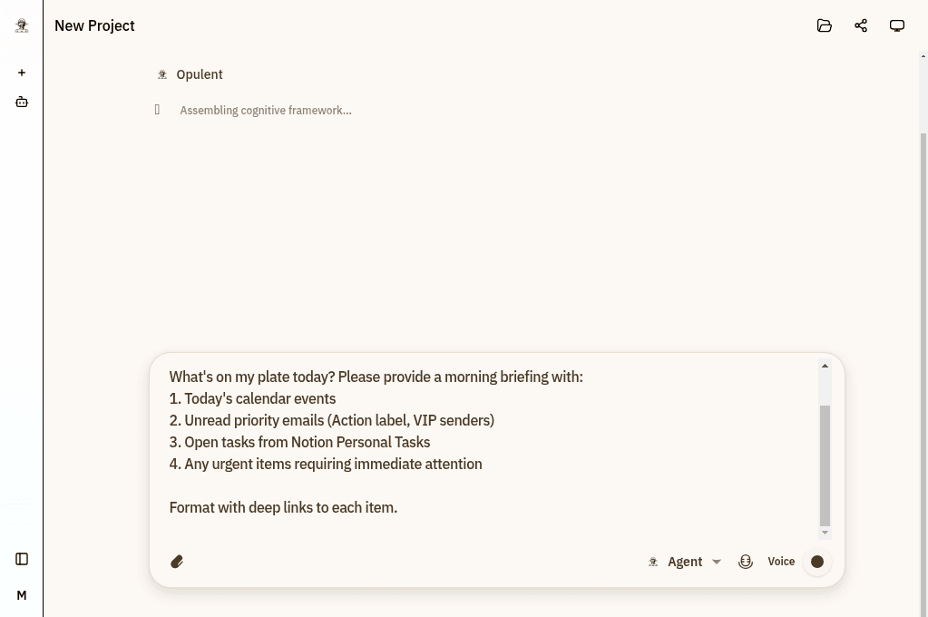 Morning briefing combining calendar, important emails, and tasks