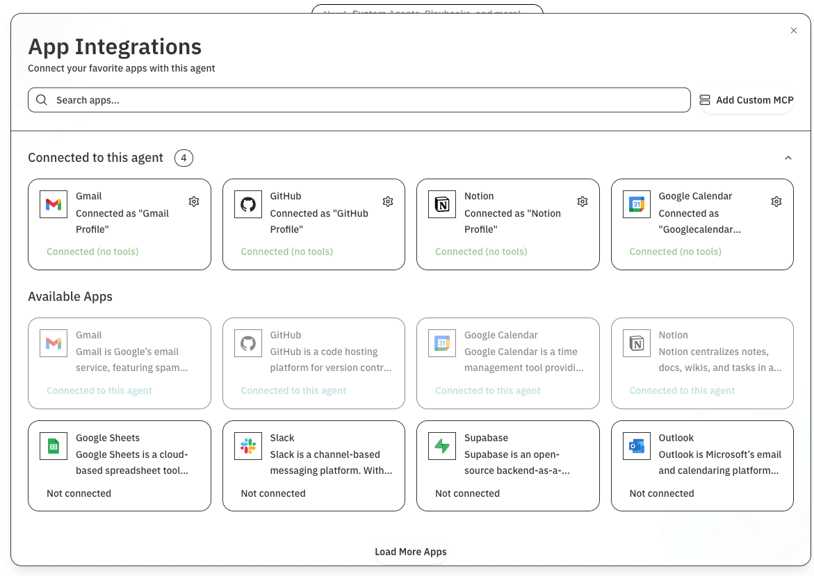Tool integrations grid showing Gmail, Notion, Calendar, and Slack connection status