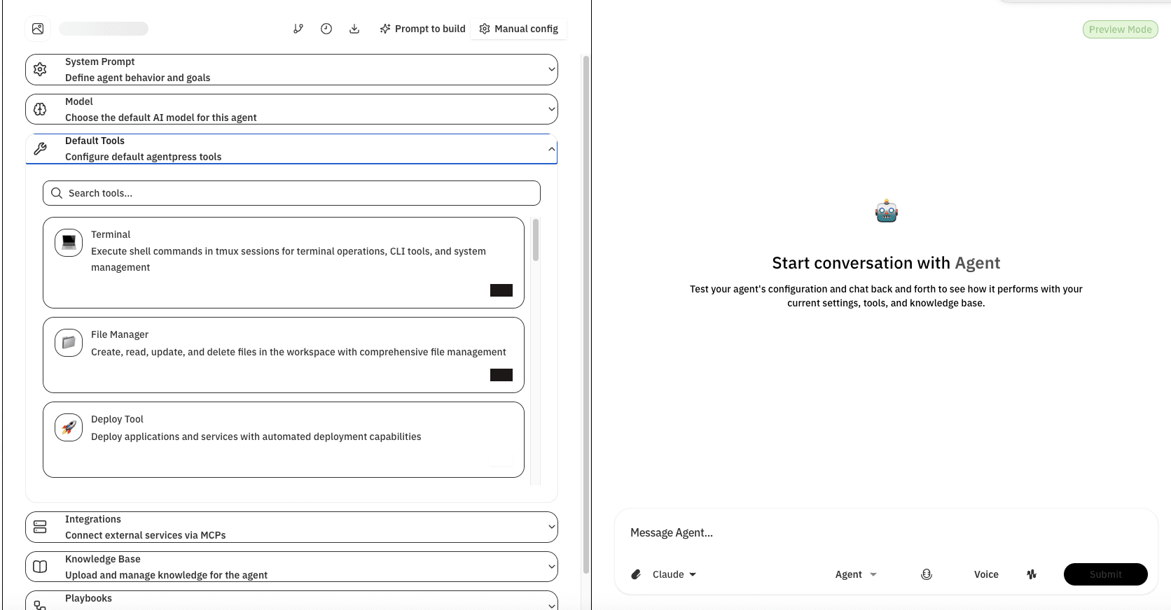 Prompt-to-Build walkthrough guiding users through agent creation