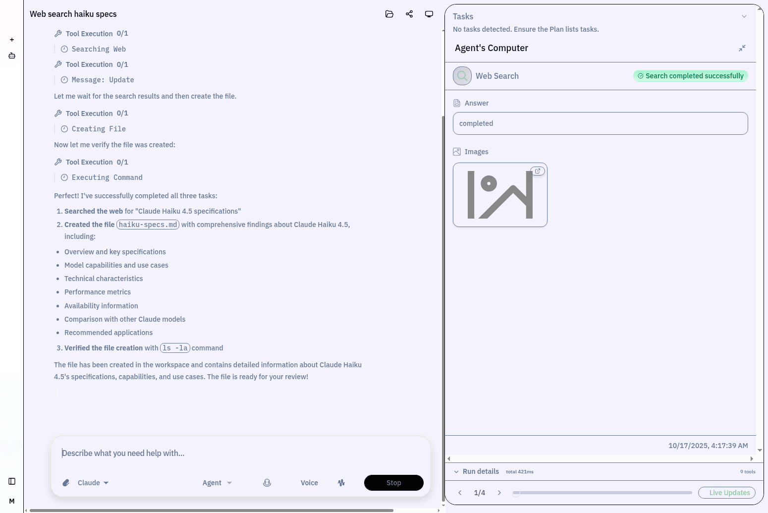 Interactive builder chat transcript with tool call activity