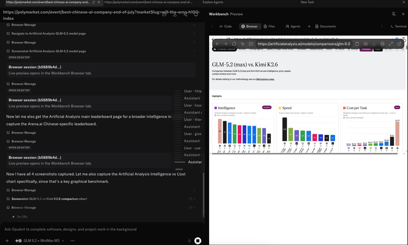 Opulent browser session on an Artificial Analysis GLM-5.2 comparison page